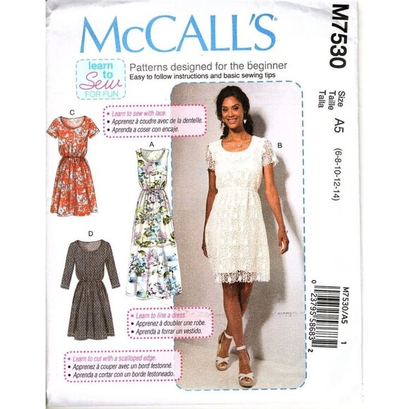McCall's M7530 Misses 6 to 14 Learn to Sew Dress Uncut Sewing Pattern New - Picture 1 of 2